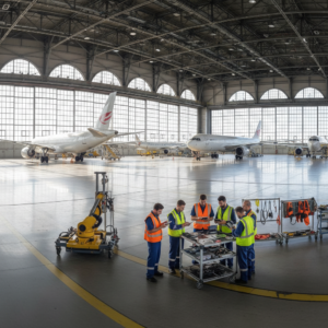 Hangar view of technicians using aviation compliance tracking solutions to monitor multiple commercial aircraft in a facility