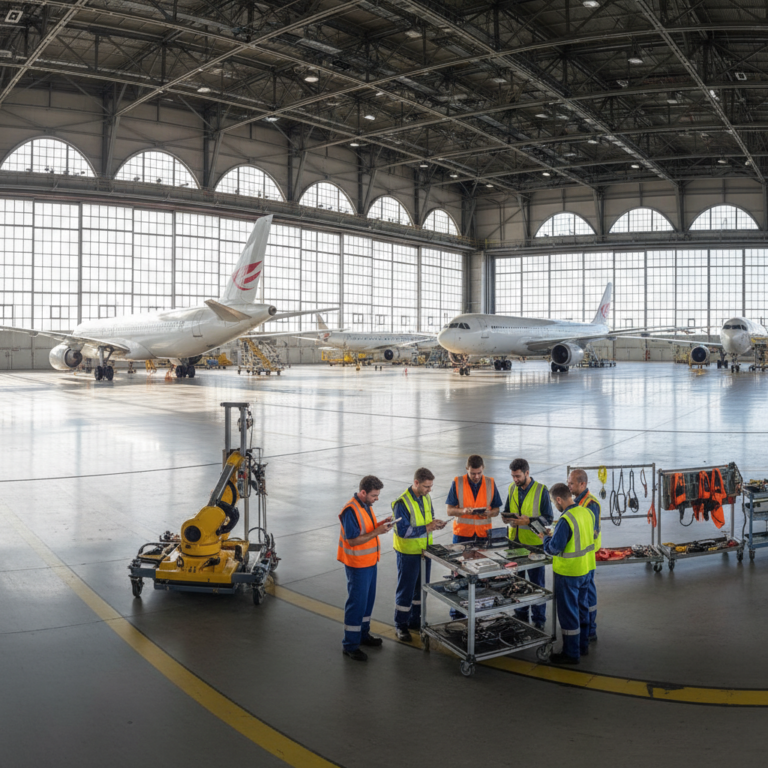 Hangar view of technicians using aviation compliance tracking solutions to monitor multiple commercial aircraft in a facility