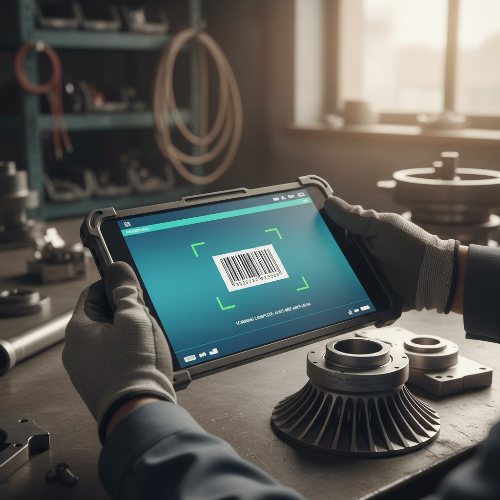 A close up of a technician using a tablet for aviation maintenance inventory tracking on a metallic engine part.