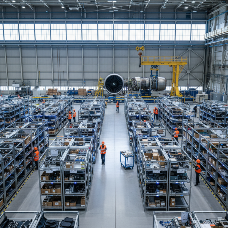 Wide view of a hangar and organized warehouse racks for aviation maintenance inventory tracking with technicians.