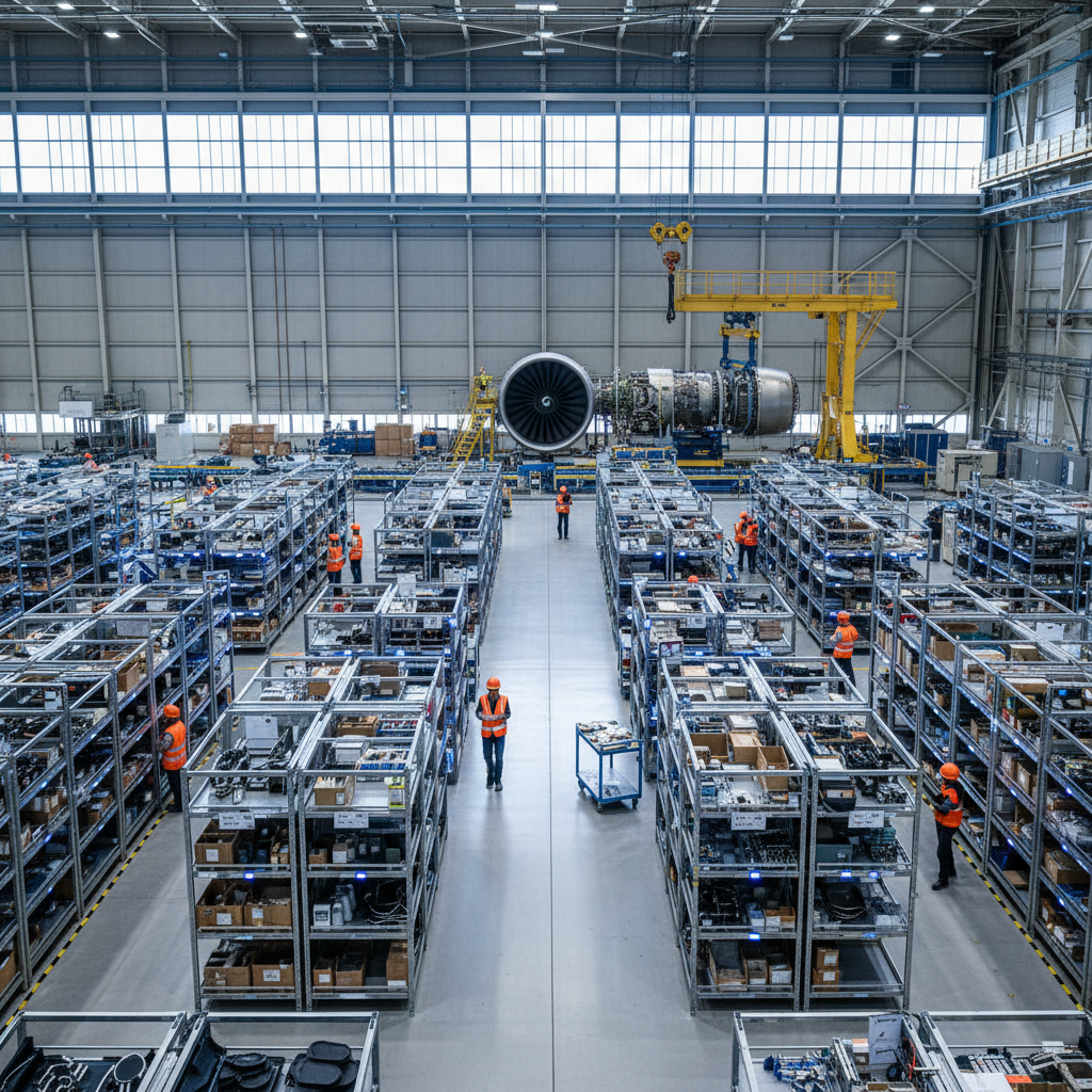 Wide view of a hangar and organized warehouse racks for aviation maintenance inventory tracking with technicians.