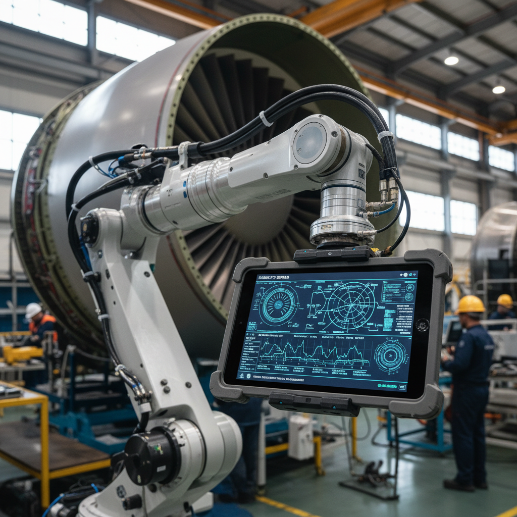 Close up of a digital interface on a robotic arm used for aviation production line tracking in a high tech factory.