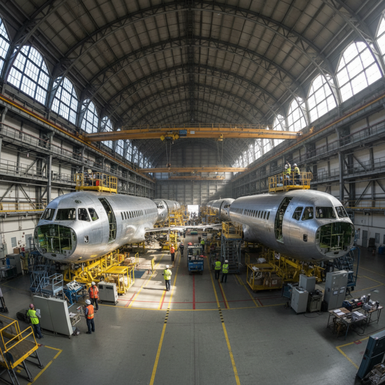Wide view of a hangar showing aircraft assembly stages for aviation production line tracking with technicians and tools.