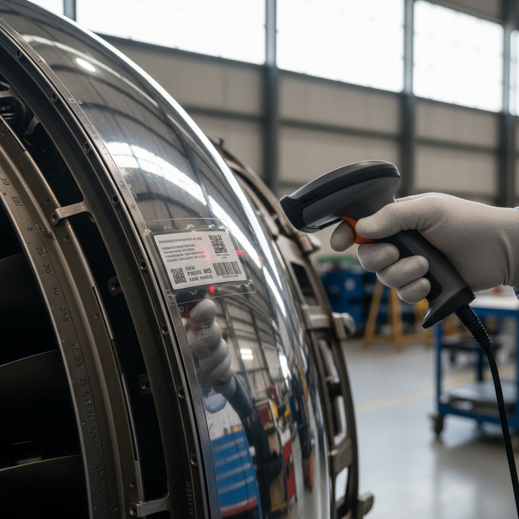 Detailed close-up of a technician scanning an engine part to ensure <a href=