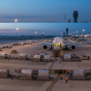 Wide view of a busy airport cargo hub at night showing logistics scale for aviation supply chain visibility and global trade.