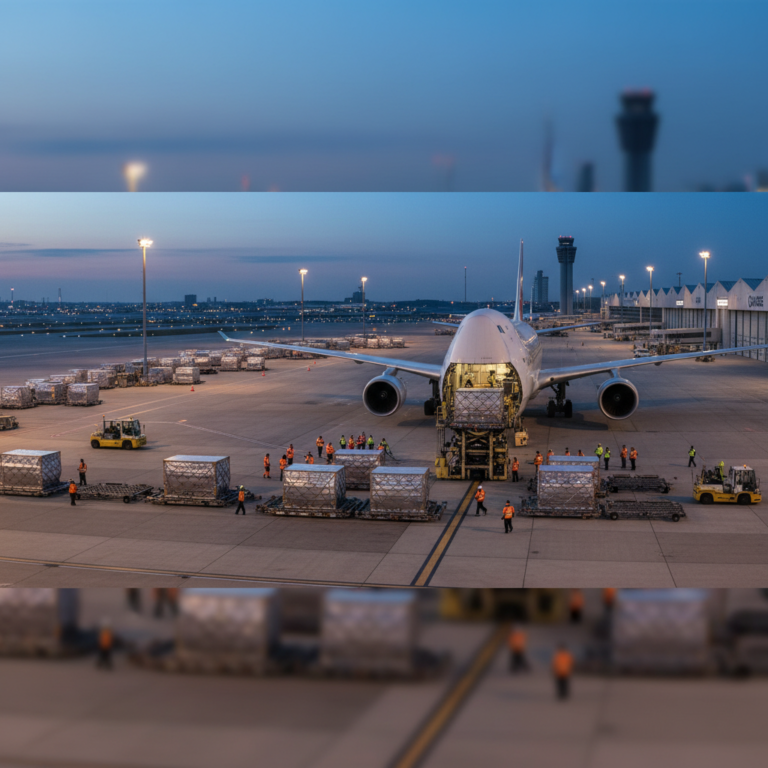 Wide view of a busy airport cargo hub at night showing logistics scale for aviation supply chain visibility and global trade.