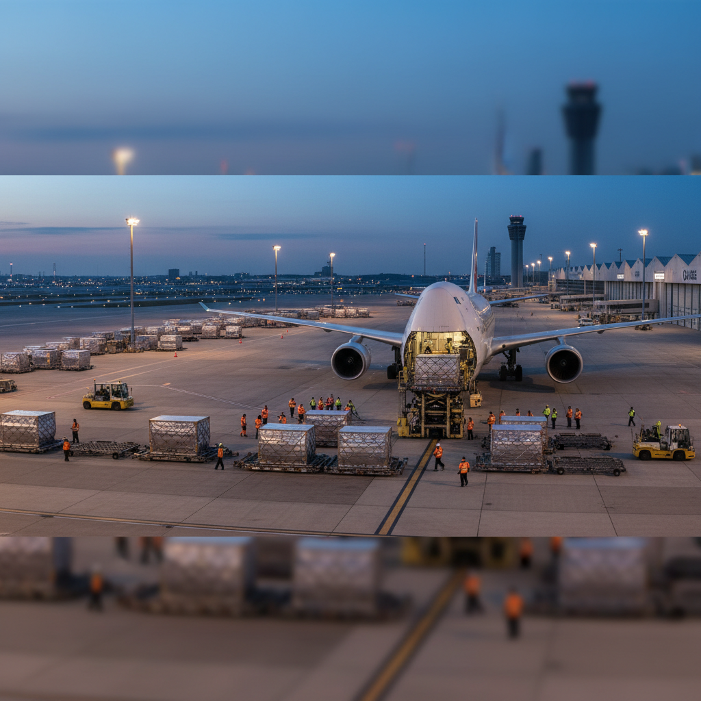 Wide view of a busy airport cargo hub at night showing logistics scale for aviation supply chain visibility and global trade.