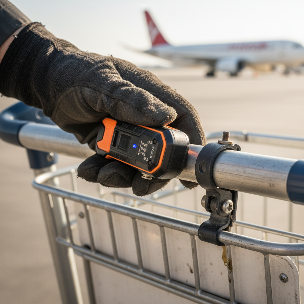 Closeup of a digital sensor module part of a baggage cart tracking system being inspected by a worker in sharp focus.
