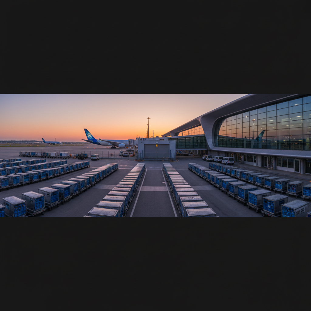 Wide view of airport tarmac with rows of trolleys integrated into a baggage cart tracking system under natural twilight.