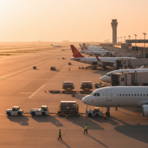 Wide view of an airport tarmac with airplanes and equipment using a certified gps tracker for aviation assets for tracking.