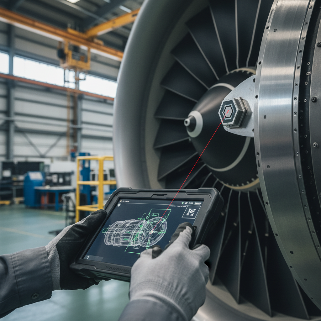 Technician using a tablet for digital tracking for aircraft manufacturing plants while inspecting a jet engine close up.
