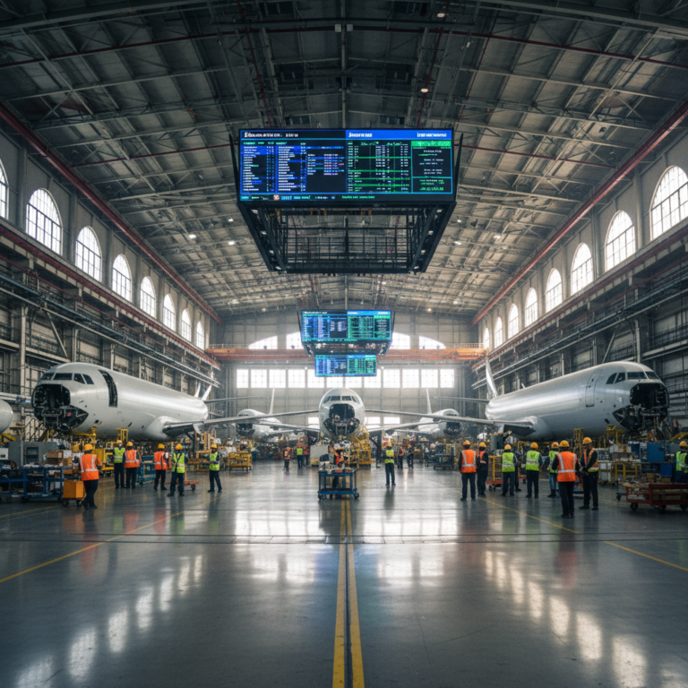 Panoramic view of an airplane assembly line using digital tracking for aircraft manufacturing plants with large monitors.