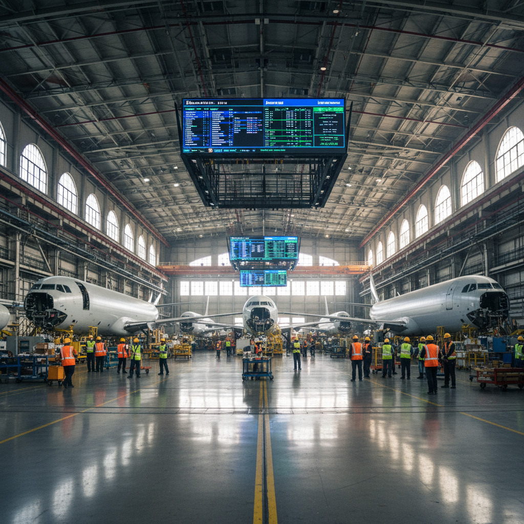 Panoramic view of an airplane assembly line using digital tracking for aircraft manufacturing plants with large monitors.