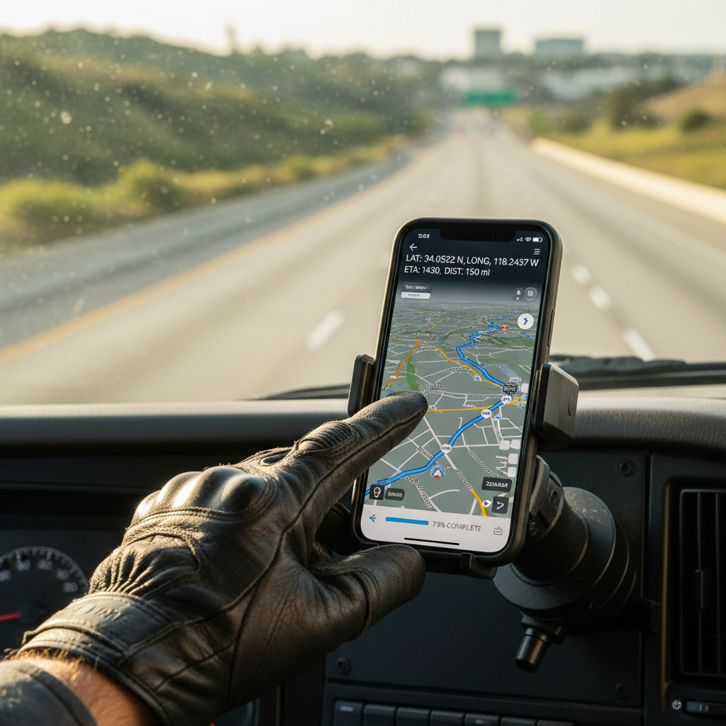 Close up of a driver using a geolocation tracking app on a smartphone mounted inside a vehicle cabin.