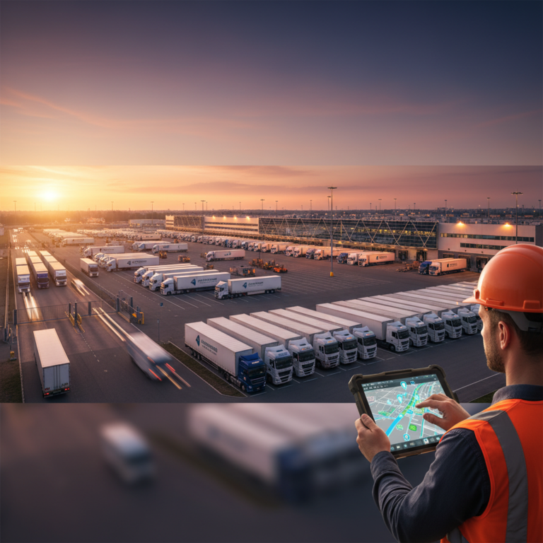 Logistics manager using a geolocation tracking app to monitor a fleet of trucks at a large Distribution Center.