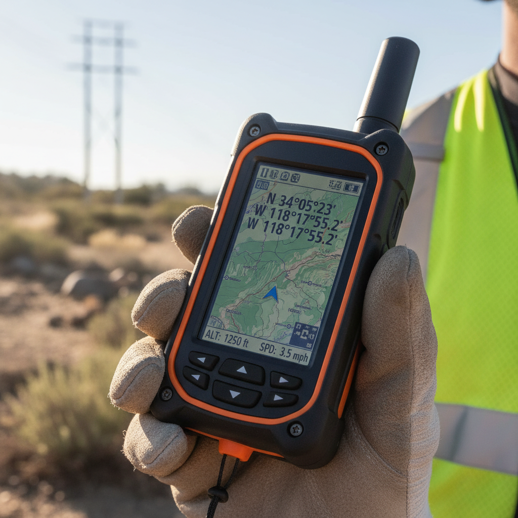 A close up of a technician holding a rugged mobile device displaying real time data for geolocation tracking in the field.