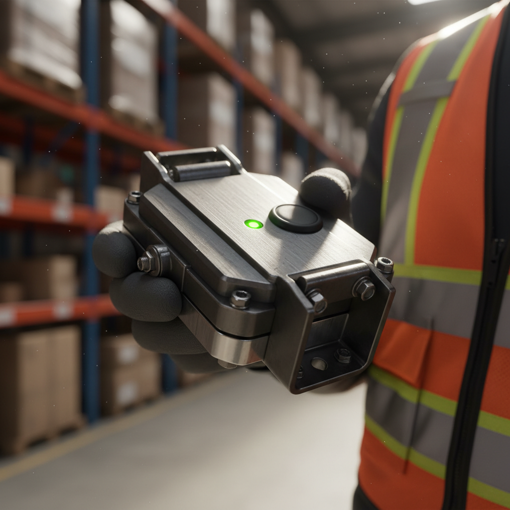 Close up of a technician holding a professional geolocation tracking device for precise industrial asset monitoring.