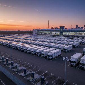 Wide view of a shipping fleet in a logistics hub representing a geolocation tracking device system for trucks.
