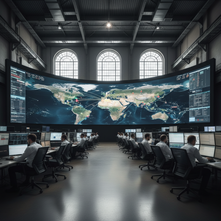 A large logistics command center with global maps on screens used for professional geolocation tracking of cargo ships.