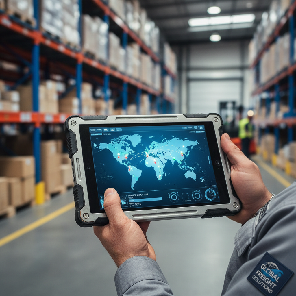 Close up of a tablet screen showing real time data for griffin air airfreight visibility tools in a warehouse.