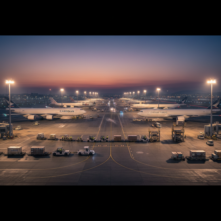 Wide view of a busy cargo airport at night representing scale for griffin air airfreight visibility tools.