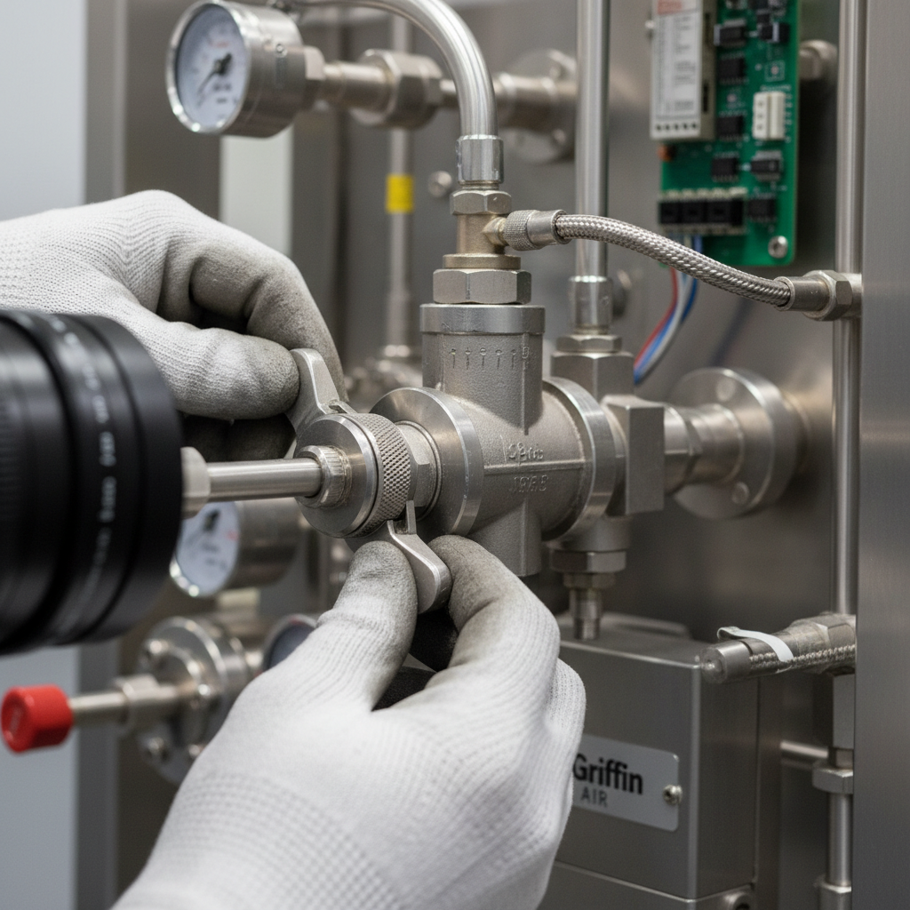 Close up of a technician operating a high precision valve on a technical Griffin Air filtration system in a factory.