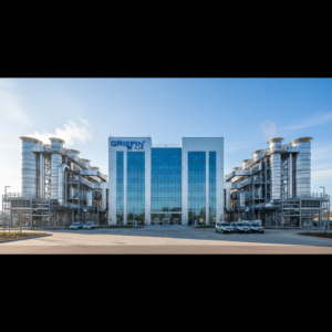 Wide view of a modern industrial complex featuring the Griffin Air facility with advanced outdoor ventilation systems.