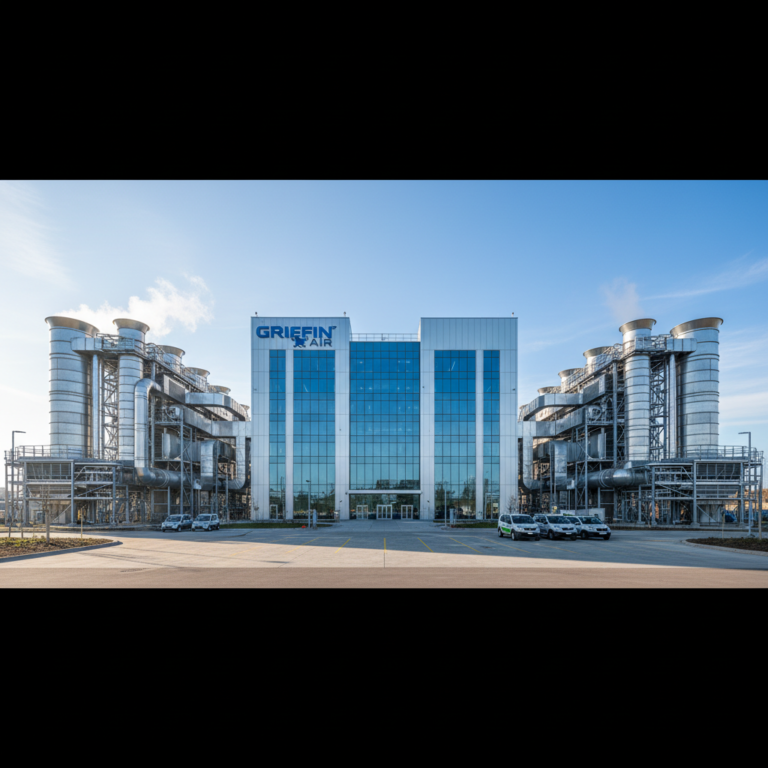 Wide view of a modern industrial complex featuring the Griffin Air facility with advanced outdoor ventilation systems.