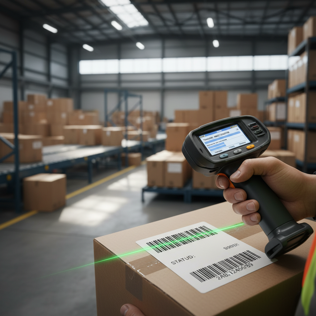 Close up of a worker scanning a package using griffin air for international cargo tracking technology in a warehouse.