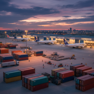 Wide view of an airport cargo terminal showing the scale of griffin air for international cargo tracking operations.