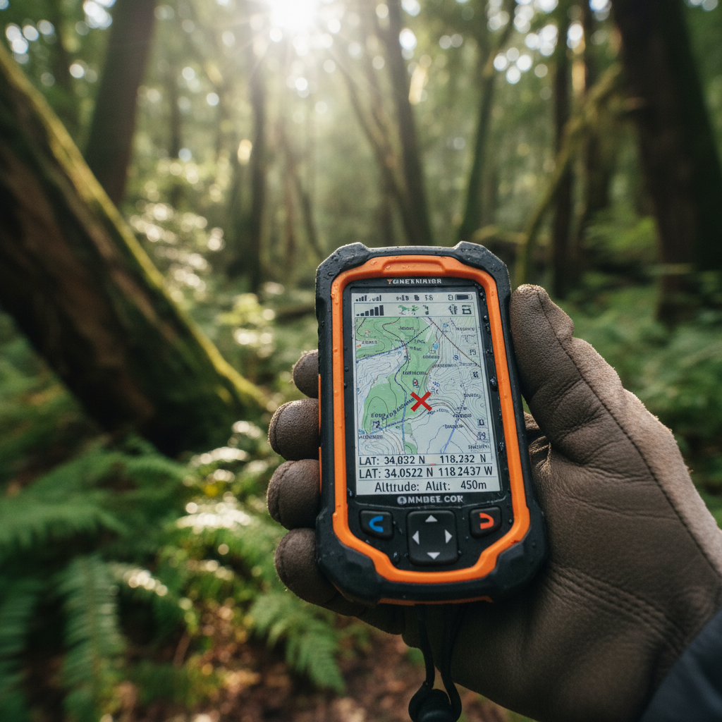 Close up of a rugged GPS device screen in a forest to demonstrate how accurate is geolocation in remote areas.