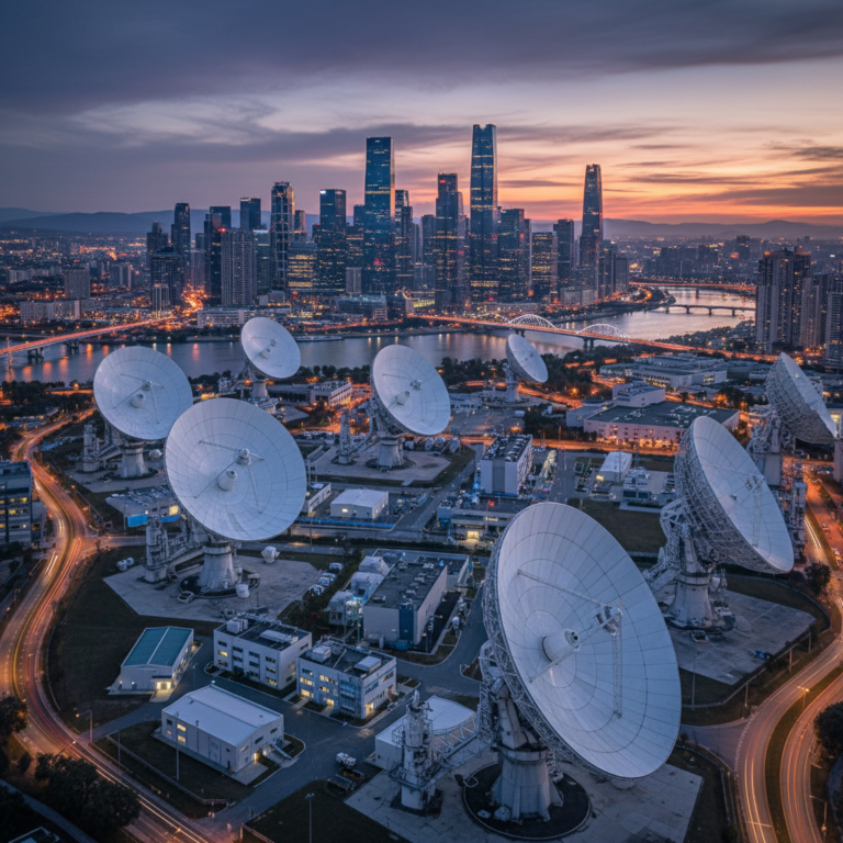 Satellite ground station antennas at dusk showing how accurate is geolocation technology across a city skyline.