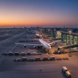 Busy airport cargo hub showing how Griffin Air improves airfreight tracking through wide scale logistics management.