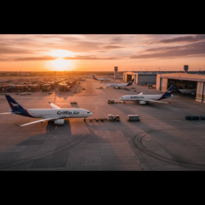Wide view of cargo planes at a hub showing how Griffin Air supports logistics operations via large scale aerial transport.