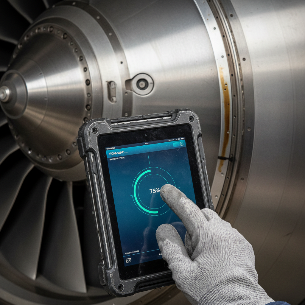 A technician scans an engine part for improving aircraft maintenance efficiency with tracking technology via a digital tablet.