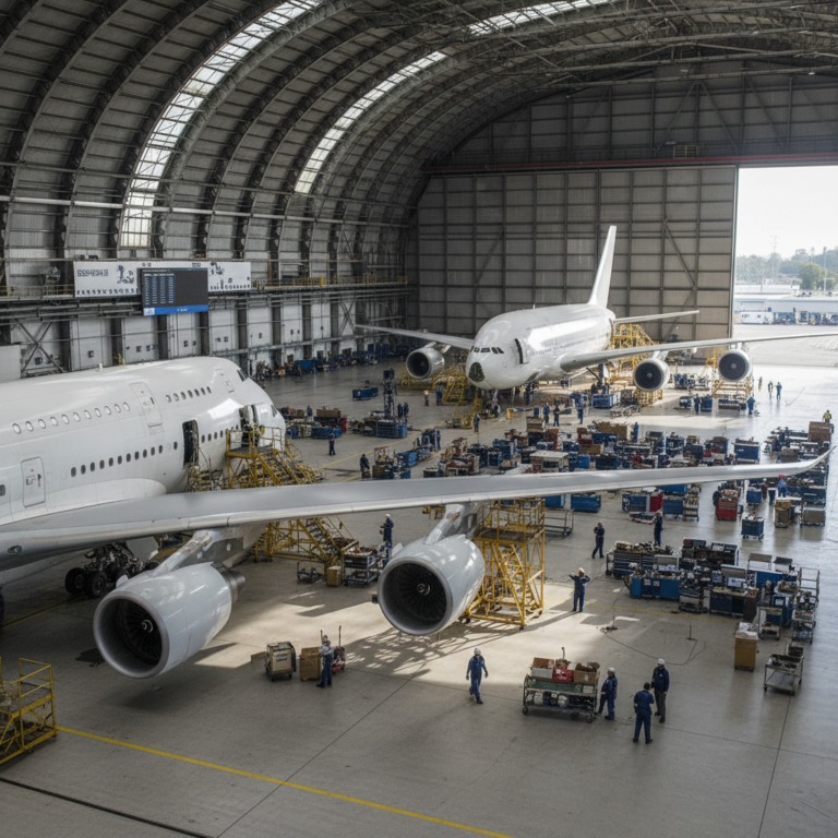 Wide hangar view showing technicians improving aircraft maintenance efficiency with tracking systems on multiple large planes.