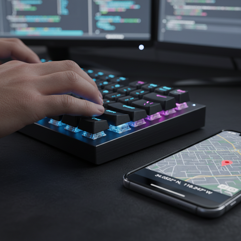 Close up of a specialist using an ip geolocation tracker on a smartphone and laptop to identify precise server locations.