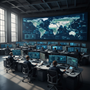 Large operations center using an ip geolocation tracker to monitor global network data on a massive digital world map.