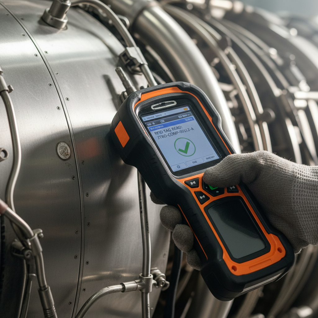 Close up of a technician using mro asset tracking solutions to scan a metallic engine part in a maintenance workshop.