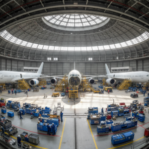 Wide view of a hangar showing scale of mro asset tracking solutions for aircraft maintenance and equipment management.