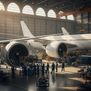 Technicians in a large hangar working on jets for reducing aircraft downtime with asset tracking on a massive scale.
