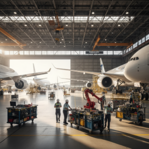 Technicians manage equipment in a wide aircraft hangar showing the scale and roi of asset tracking in aviation efficiency.