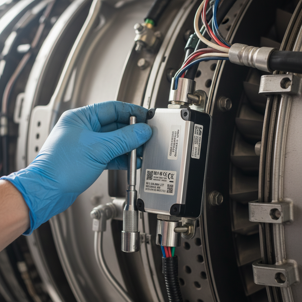 Close up of a technician installing safety-certified tracking devices for aircraft equipment on a high precision engine.