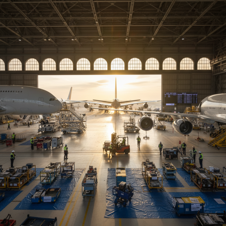 Wide view of a hangar showing safety-certified tracking devices for aircraft equipment in a professional aviation setting.