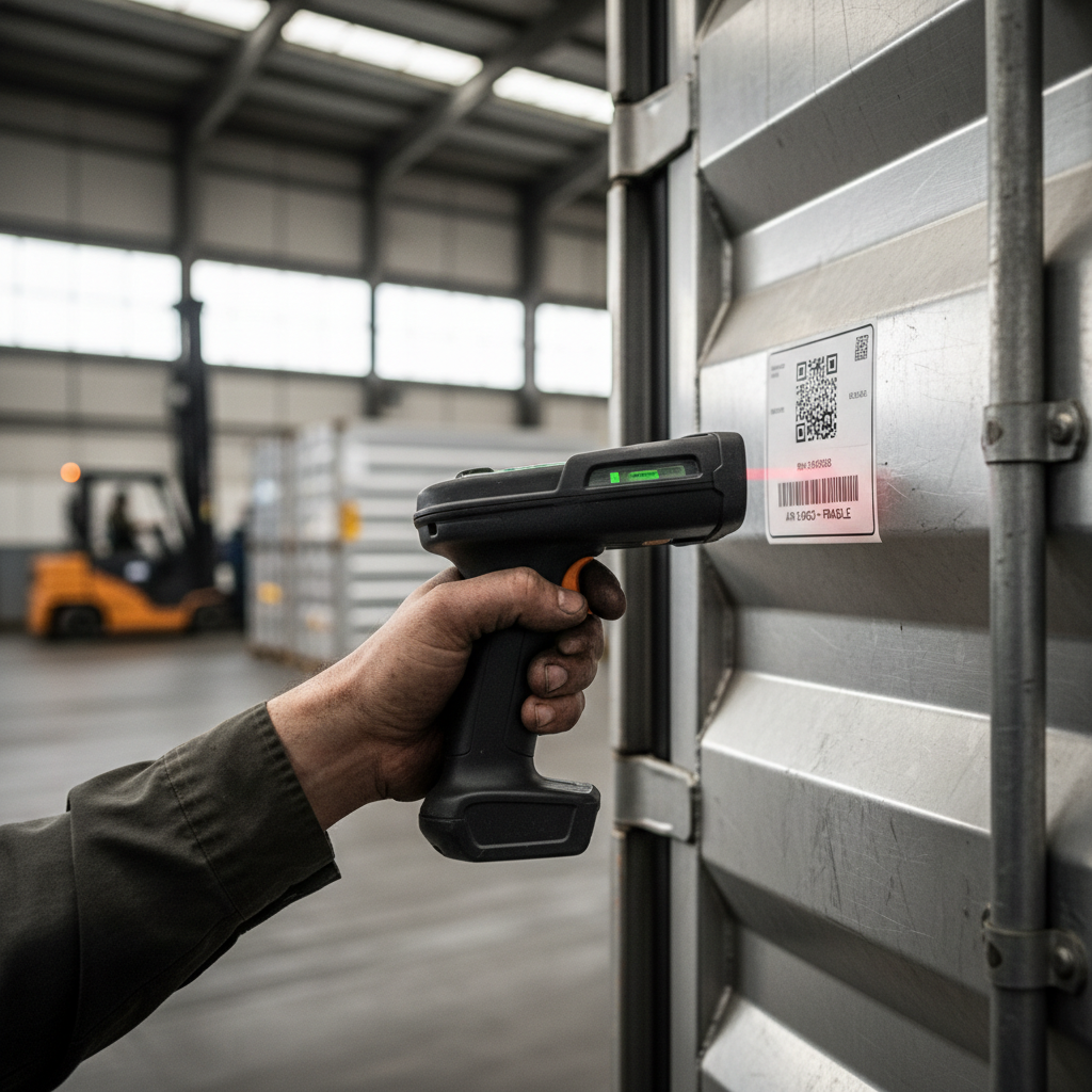 Close up of a hand scanning a freight label to track international air cargo with griffin air using a digital device.