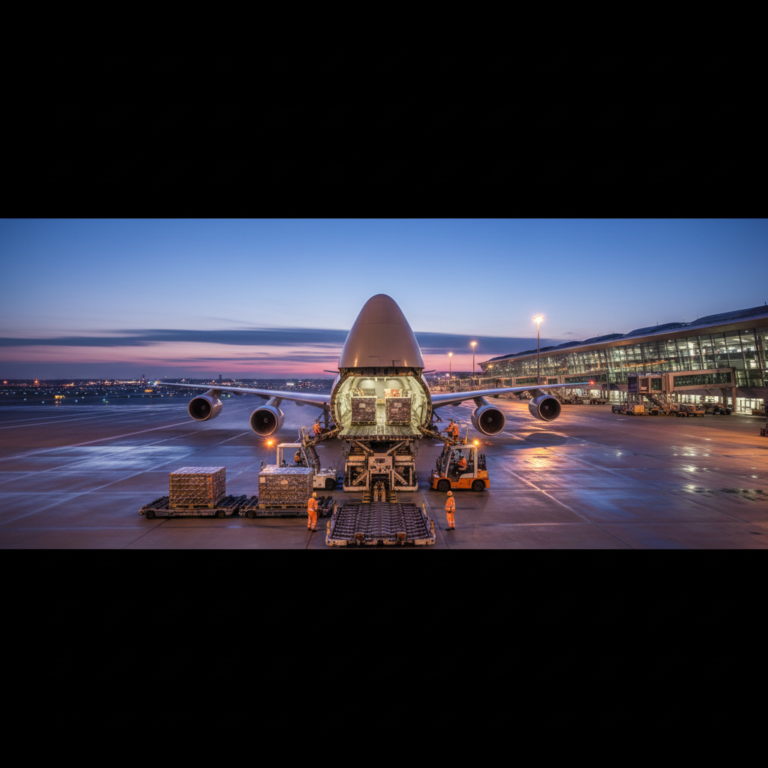 Ground crew loading a large aircraft at dusk to track international air cargo with griffin air in a wide airport setting.