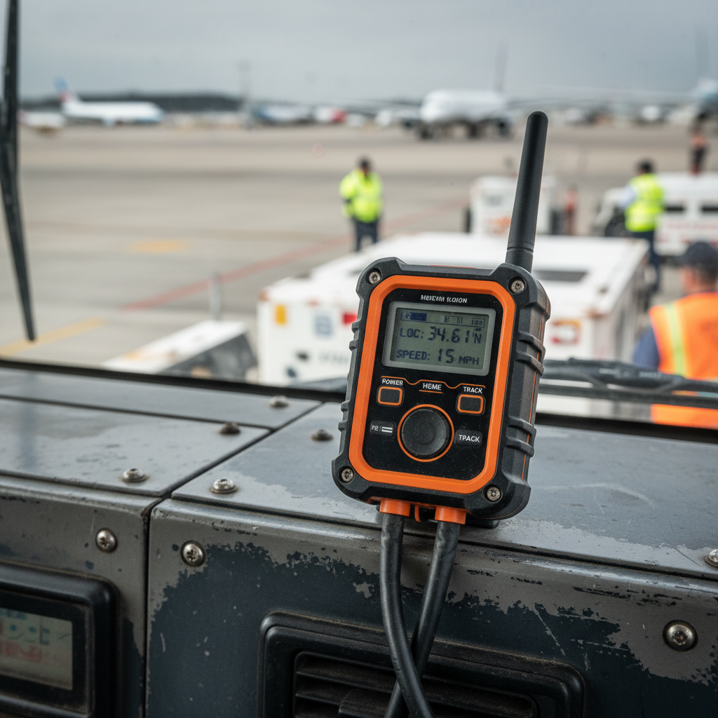 Close up of a digital telematics device installed inside a tug used for tracking airport support vehicles in real time.