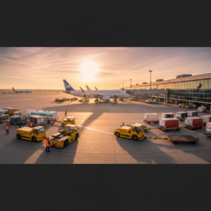 Wide shot of ground crews and various equipment for tracking airport support vehicles on a sunny tarmac near a large plane.