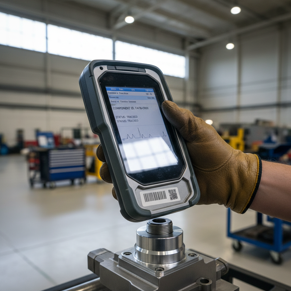 Close up of a technician using digital tracking tools in maintenance hangars to scan a specific aircraft engine part.