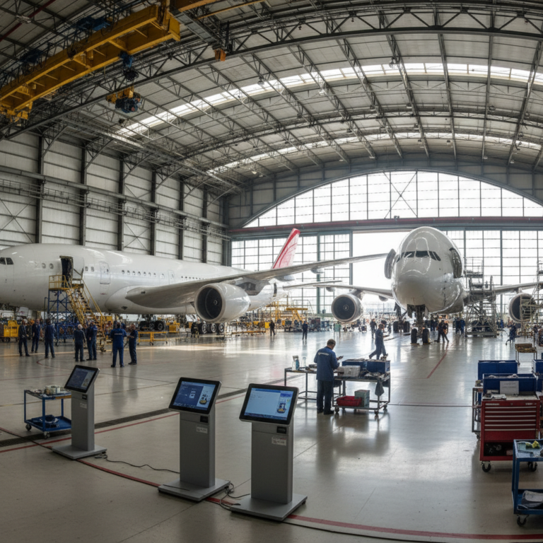 Wide view of an aircraft facility showing scale and digital tracking tools in maintenance hangars with parked planes.